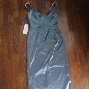 Azazie Shimmering Silver Satin Gown